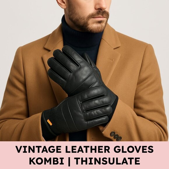 KOMBI Leather Thinsulate Ski Gloves Padded Knit Cuff Gorpcore Men’s Black (M) - Picture 1 of 11